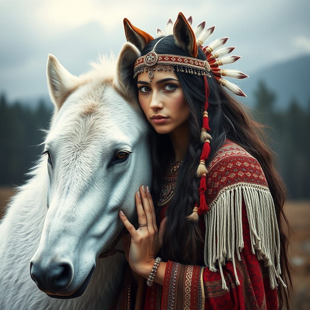 Tribal Woman With White Wolf and Horse