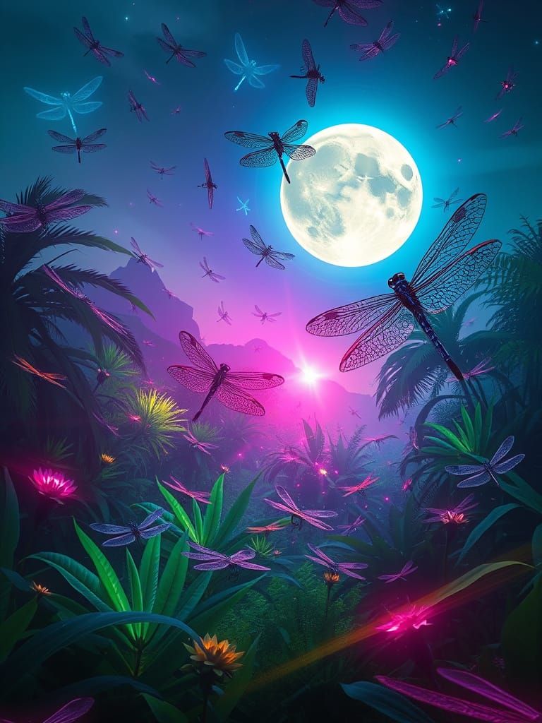 Dragonflies in Flight Across a Surreal Garden