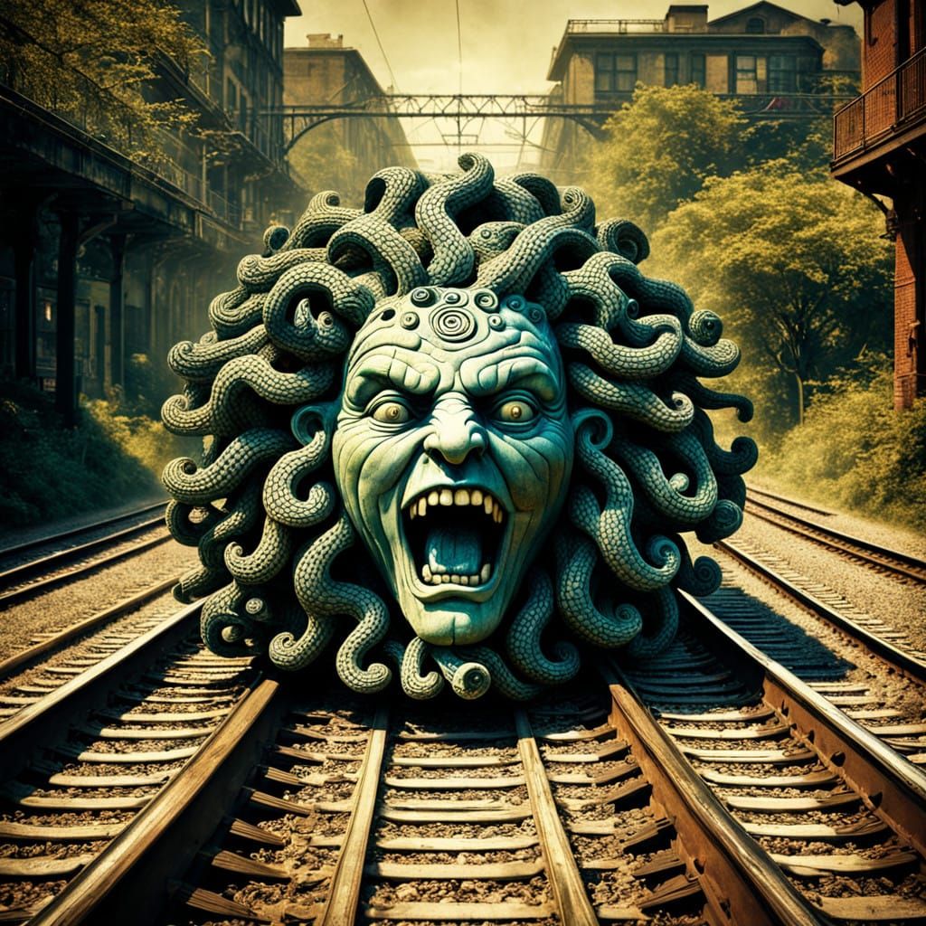 Jack Spencer, Stylized, Vintage Photography, Vivid, Striking, Medusa fusion Train tracks, Mandelbrot Zentangle, DaVinci