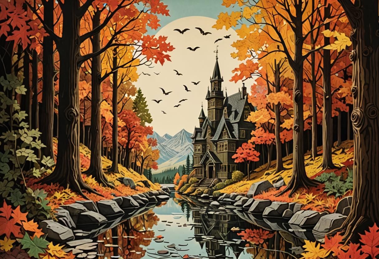 Colorful Paper Cutout Autumn Landscape Collage