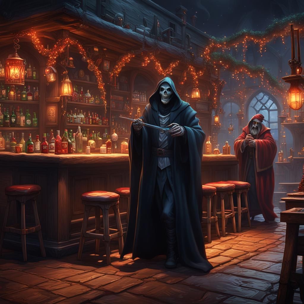 Grim Reaper and Santa in a Bar