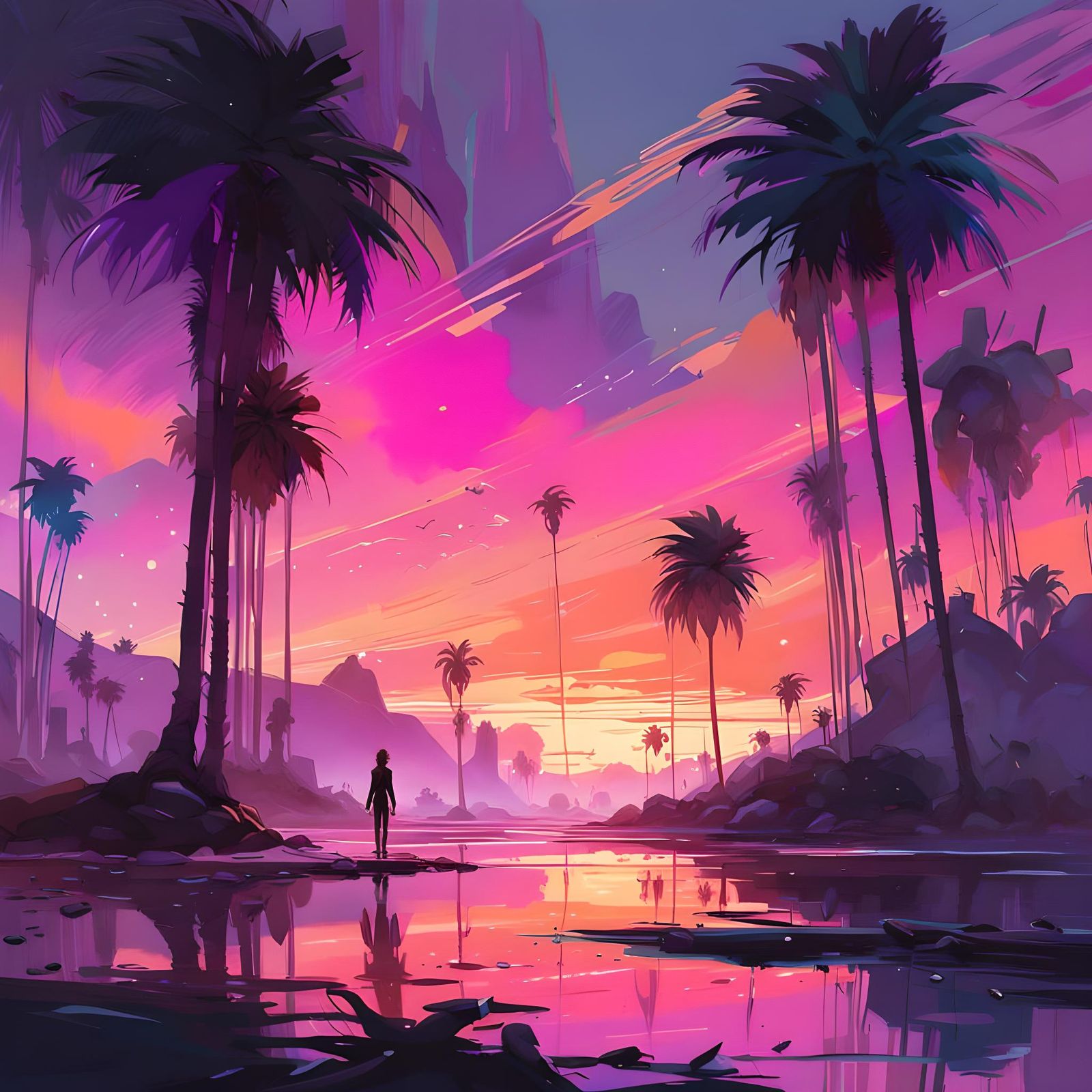 Alien Sunset with Palm Trees in Digital Painting Style