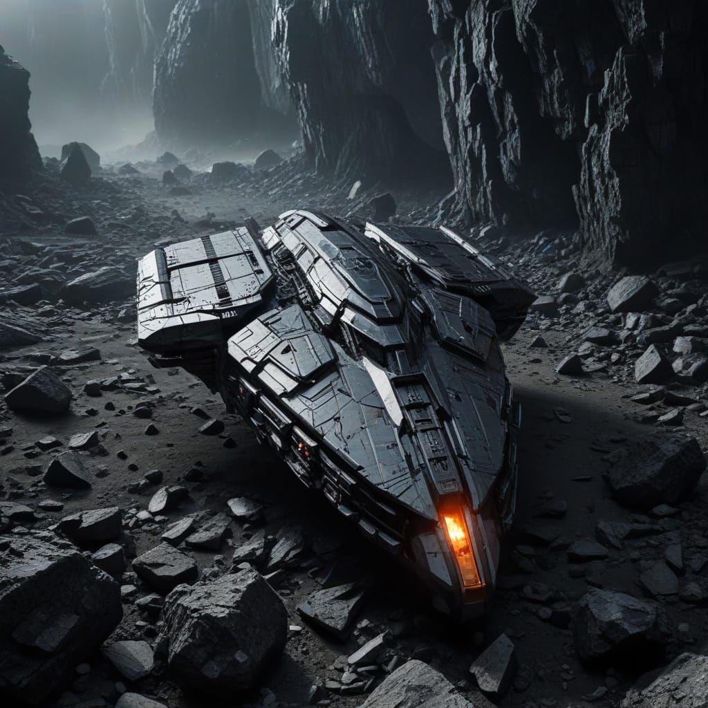 abandoned obsidian spearhead dreadnought drifting through an asteroid field, half-buried in debris, cracked armor exposi...