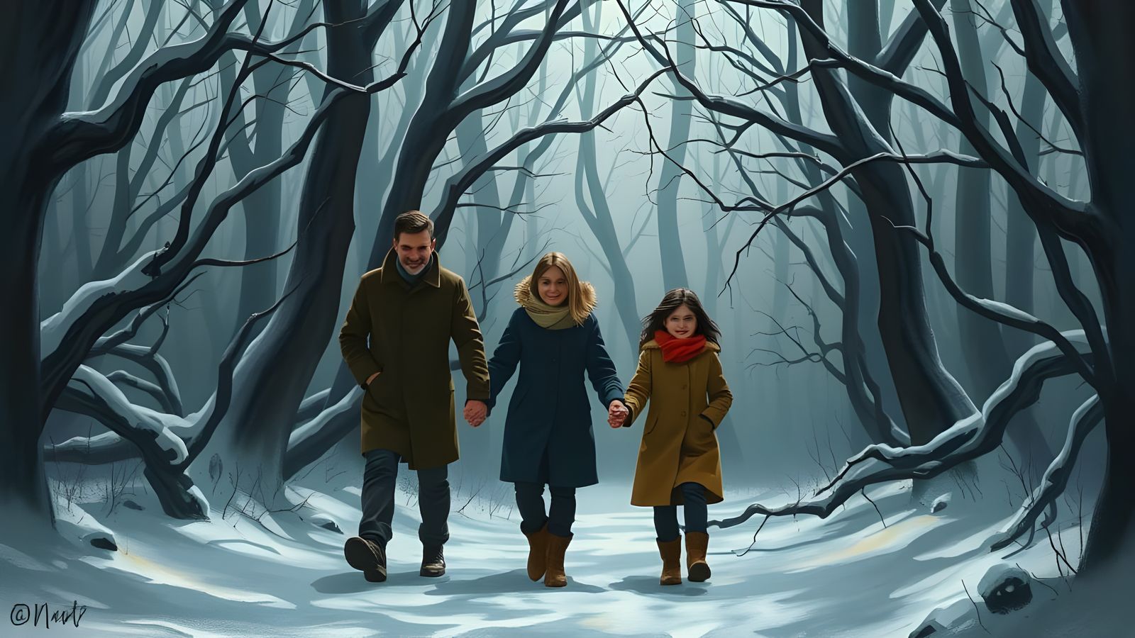 Mysterious Family Walks Through a Snowy, Shadowy Forest