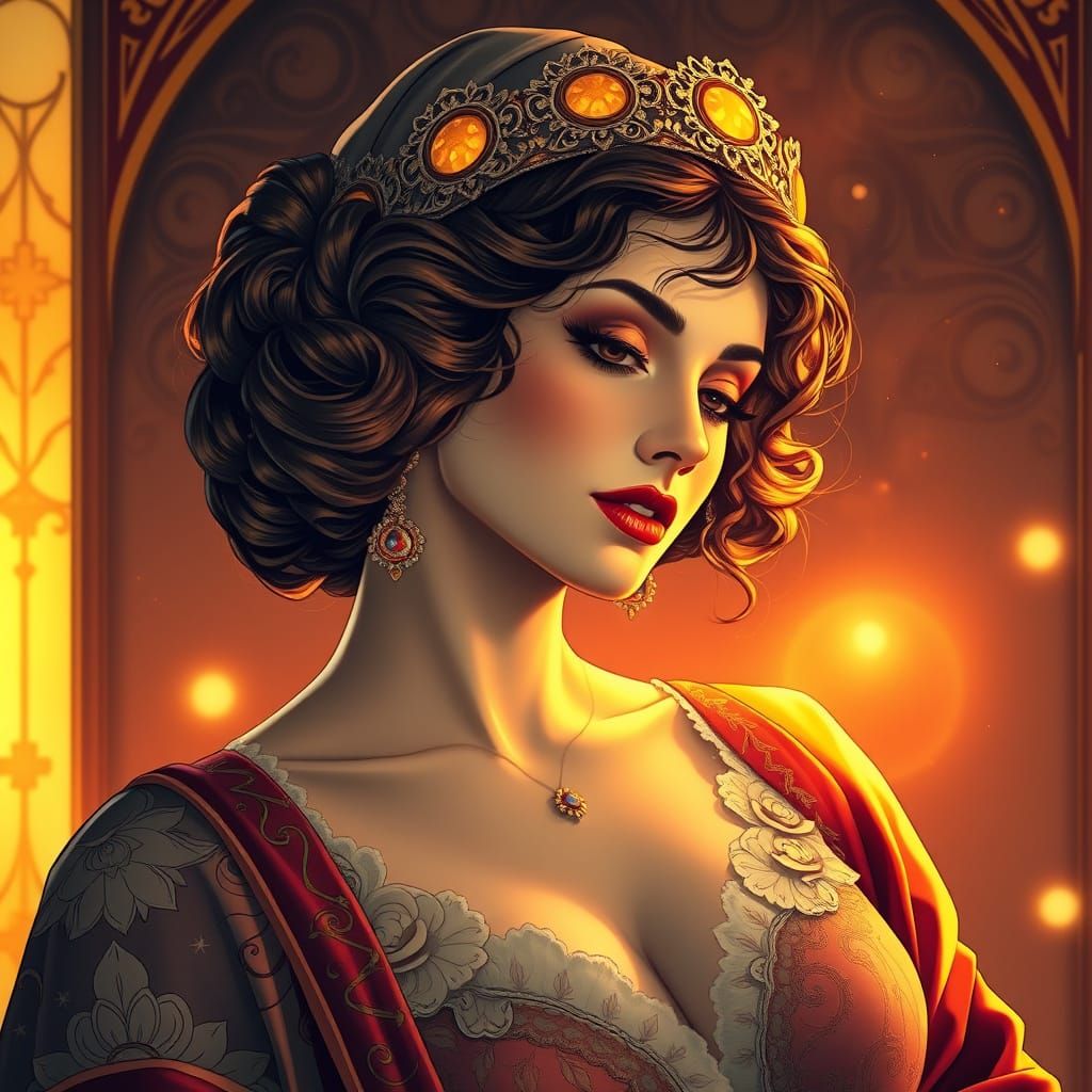 Elegant Woman in Art Nouveau Style with Warm Lighting