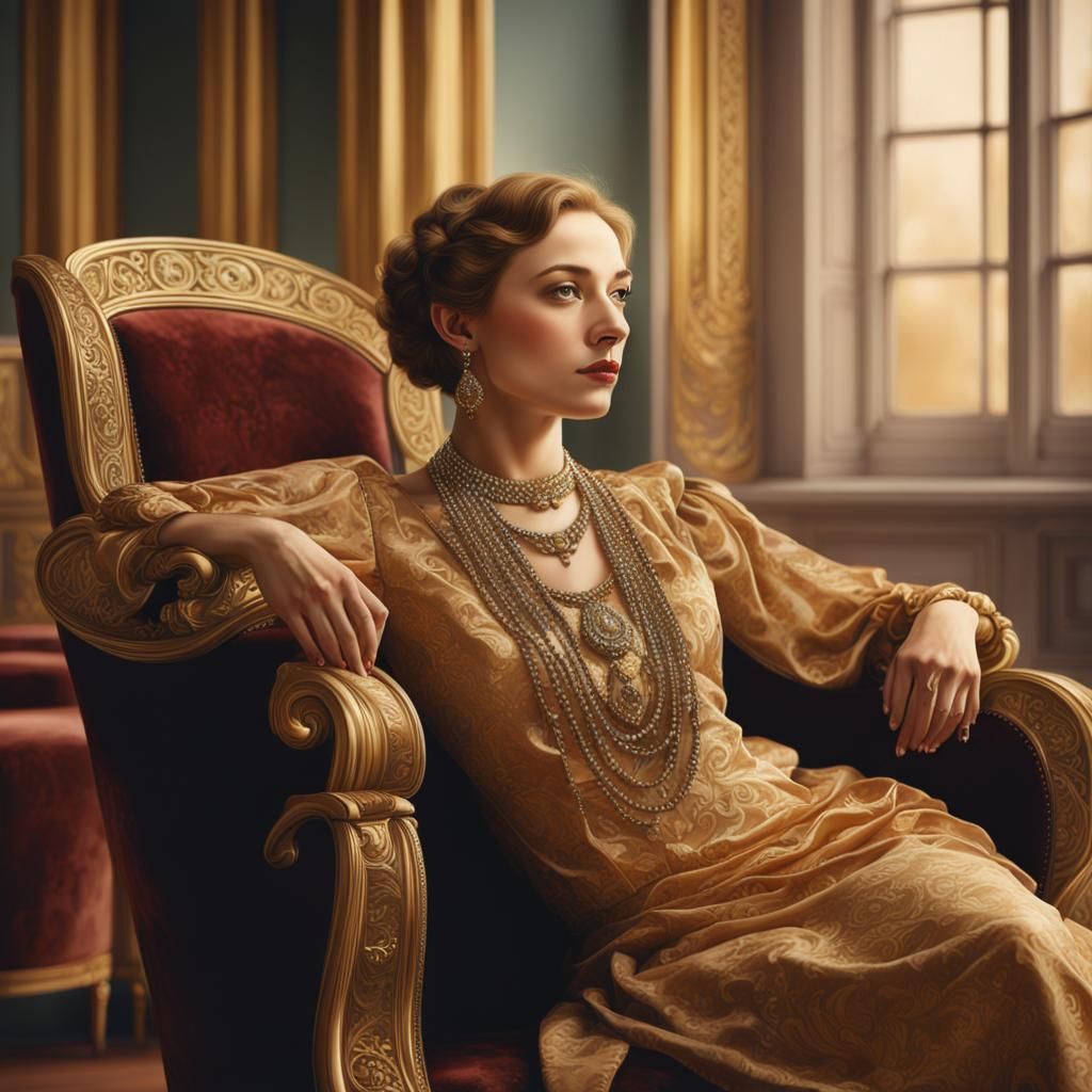 Woman in Velvet Armchair: Realism Inspired by Art Nouveau