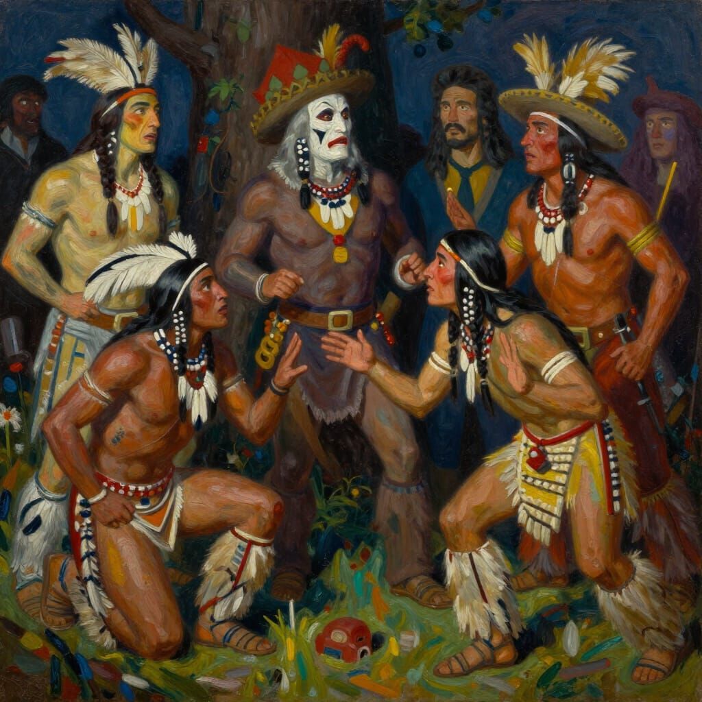 Indigenous Figures in Surreal Colonial Commentary Oil Painti...