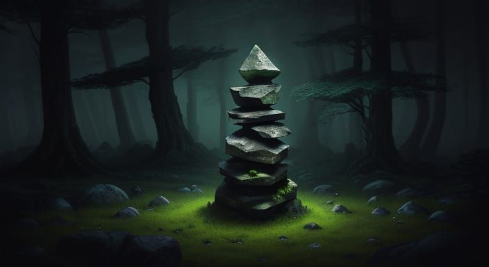 Mysterious Stone with Glowing Runes in Dark Forest