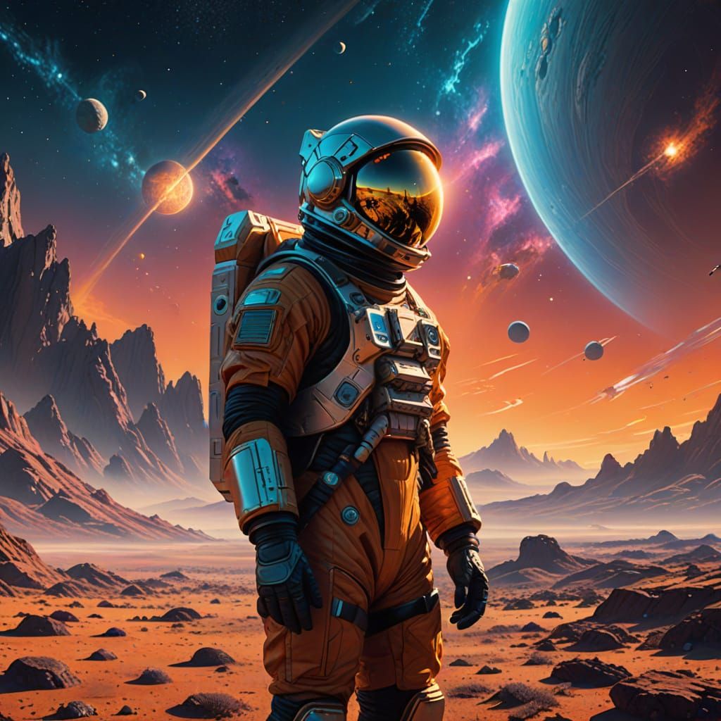 Astronaut on Alien Planet Gazing at Nebula
