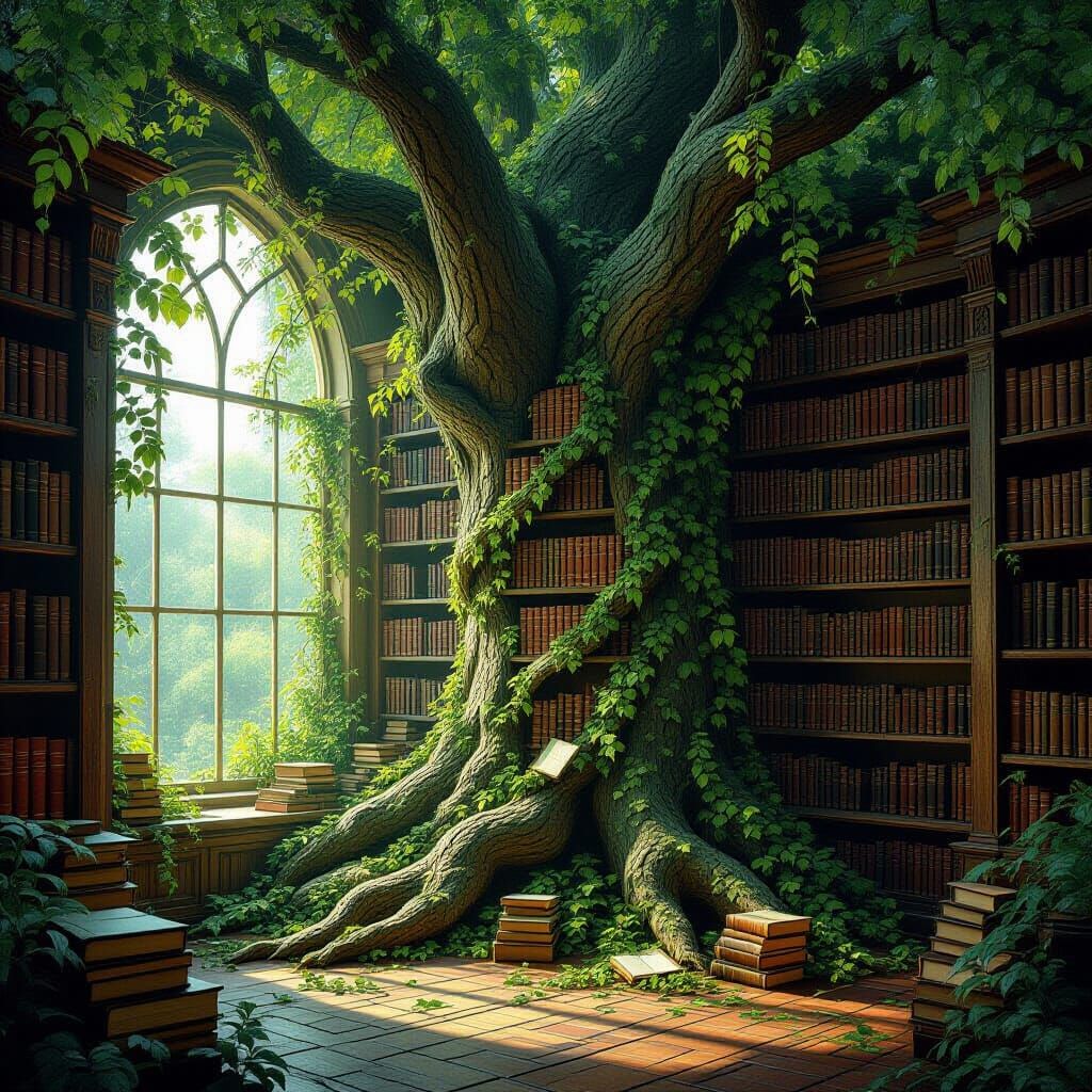 Hidden Library in Giant Tree with Ancient Books