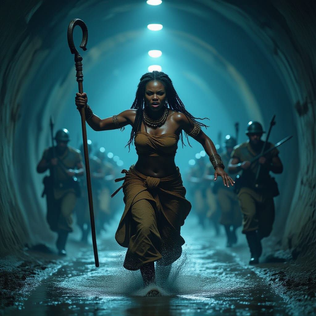 African Queen Races Through Tunnel in Cinematic Style