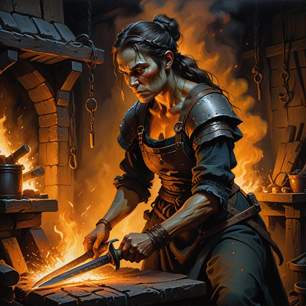 Female Orc Blacksmith Forging Sword as Oil Painting