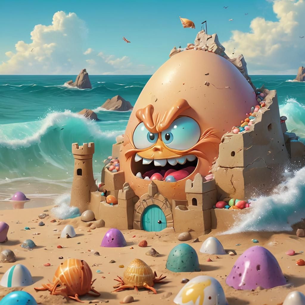 Angry Egg Sandcastle Meltdown in Candy Art Style