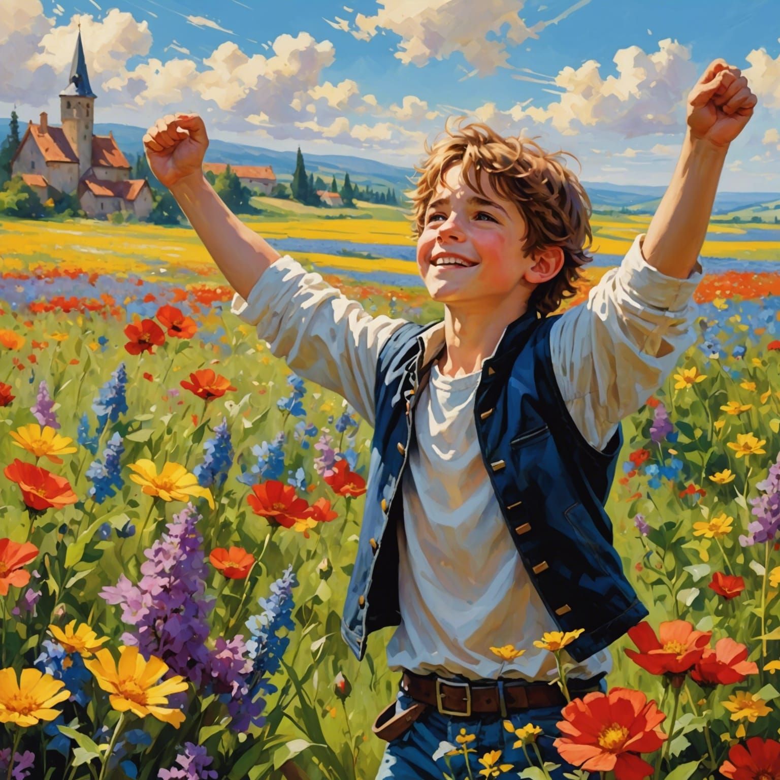 Excited Boy Celebrates in Medieval Anime Style