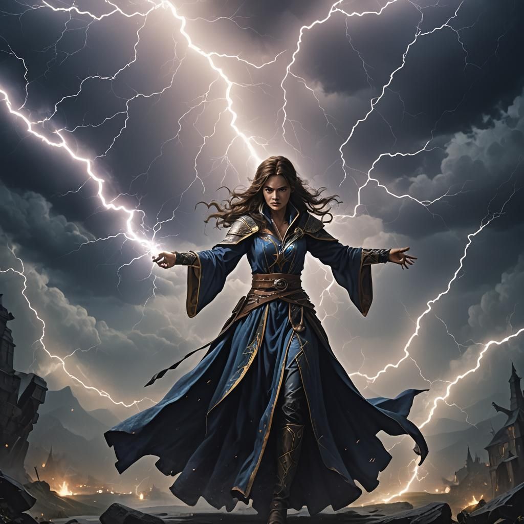 Sorceress Casting Lightning at Night