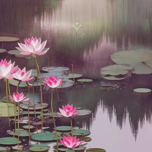 Lotus Flowers in Pond: Dark Fantasy Art