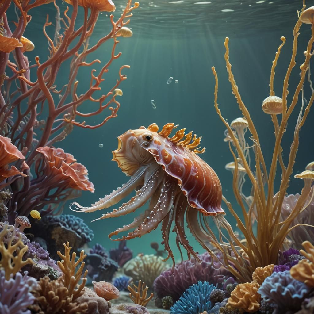 Cuttlefish and Jellyfish in Chinese Art Style