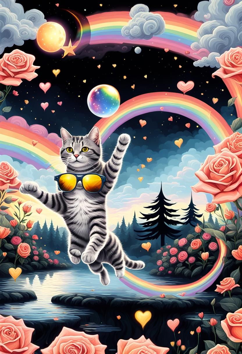 Tabby Cat Jumps in Mystical Alien Rose Garden