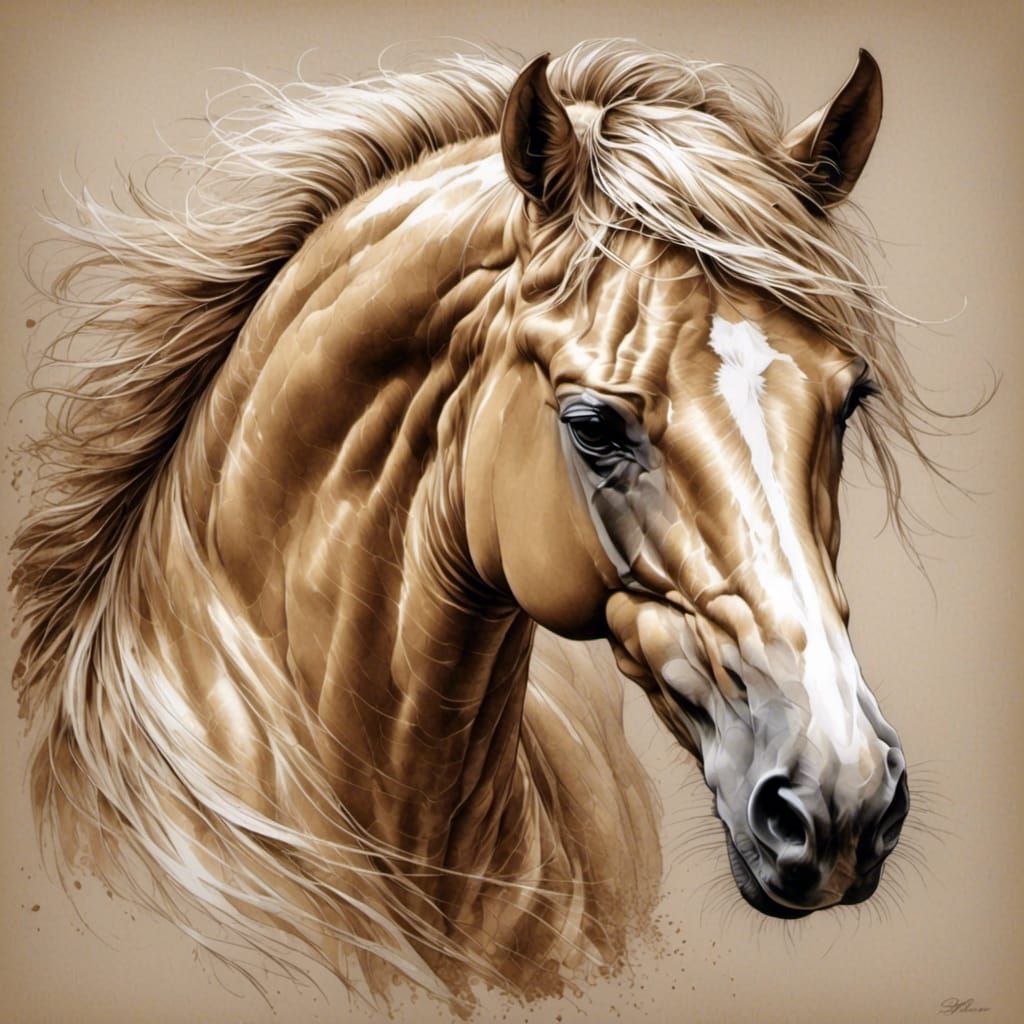 Golden Horse Sketch with Crosshatch Details