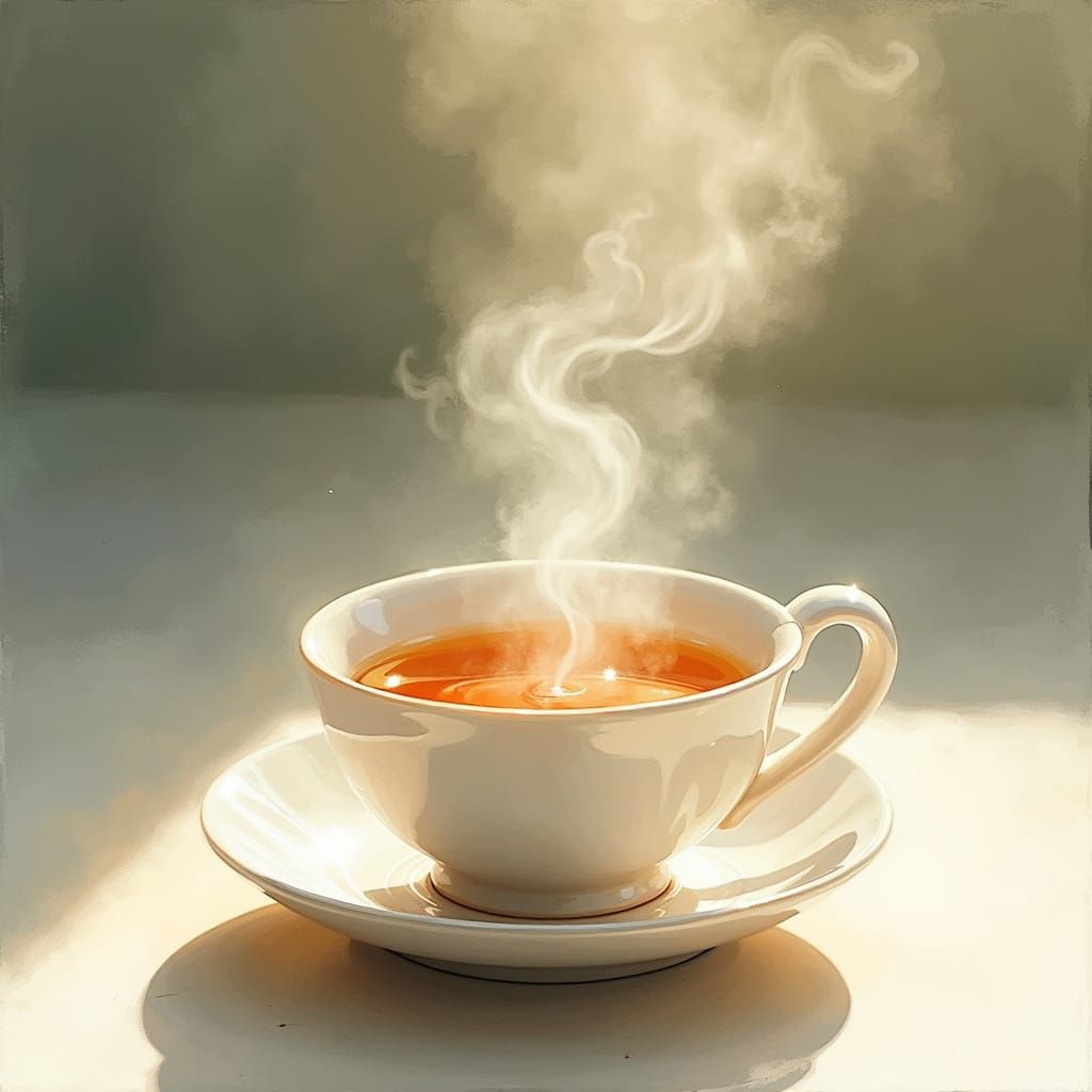 Porcelain Cup Overflowing with Steaming Tea in Watercolor St...