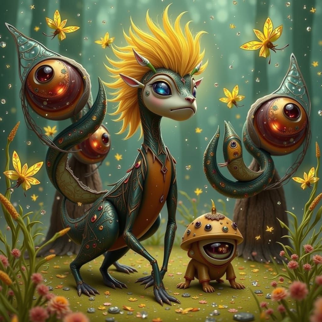 Whimsical Creature in Lush Forest, Digital Painting