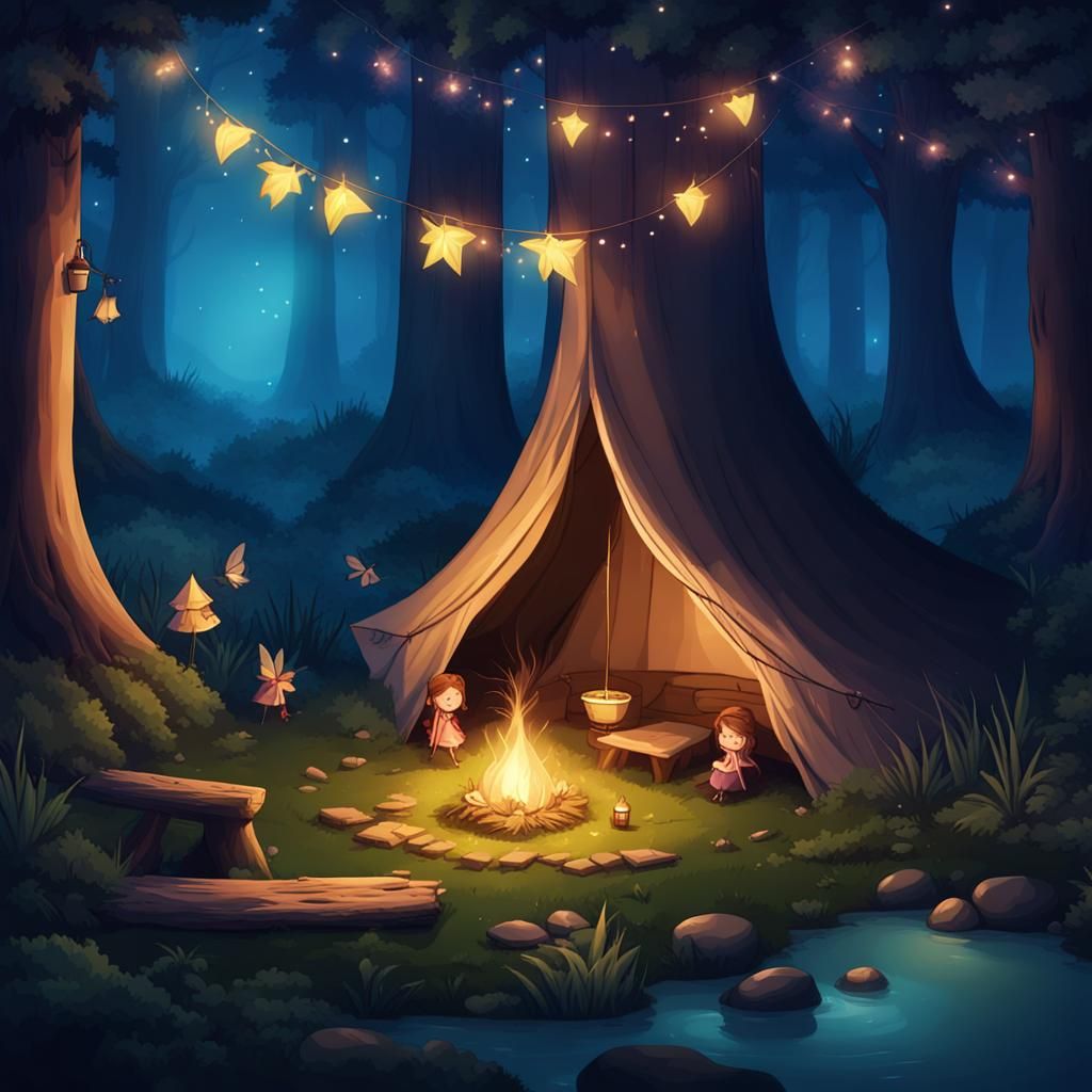 Enchanted Fairy Camp in Night Forest