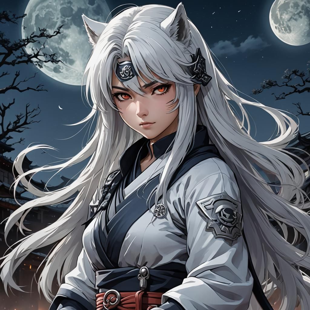 Anime Ninja Girl with Wolf Eyes Under Moon