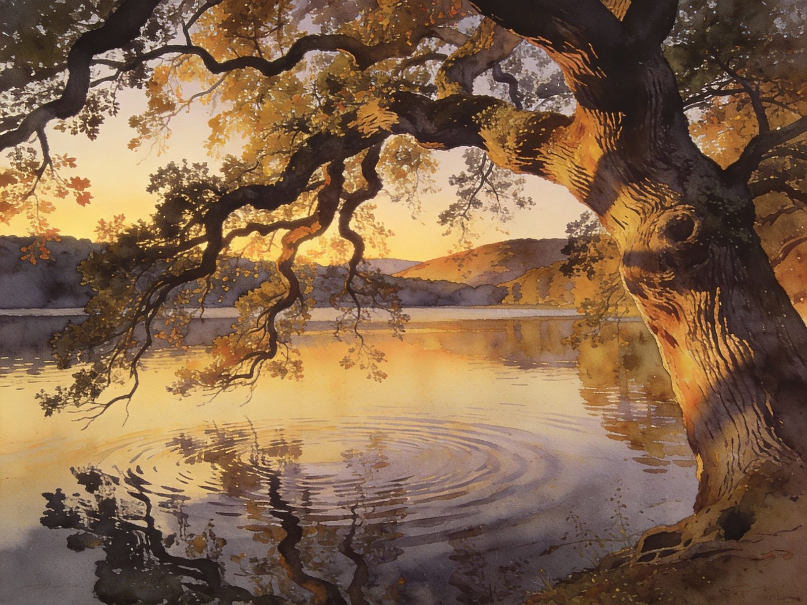 Detailed Lake Landscape at Dusk with Old Oak Trees