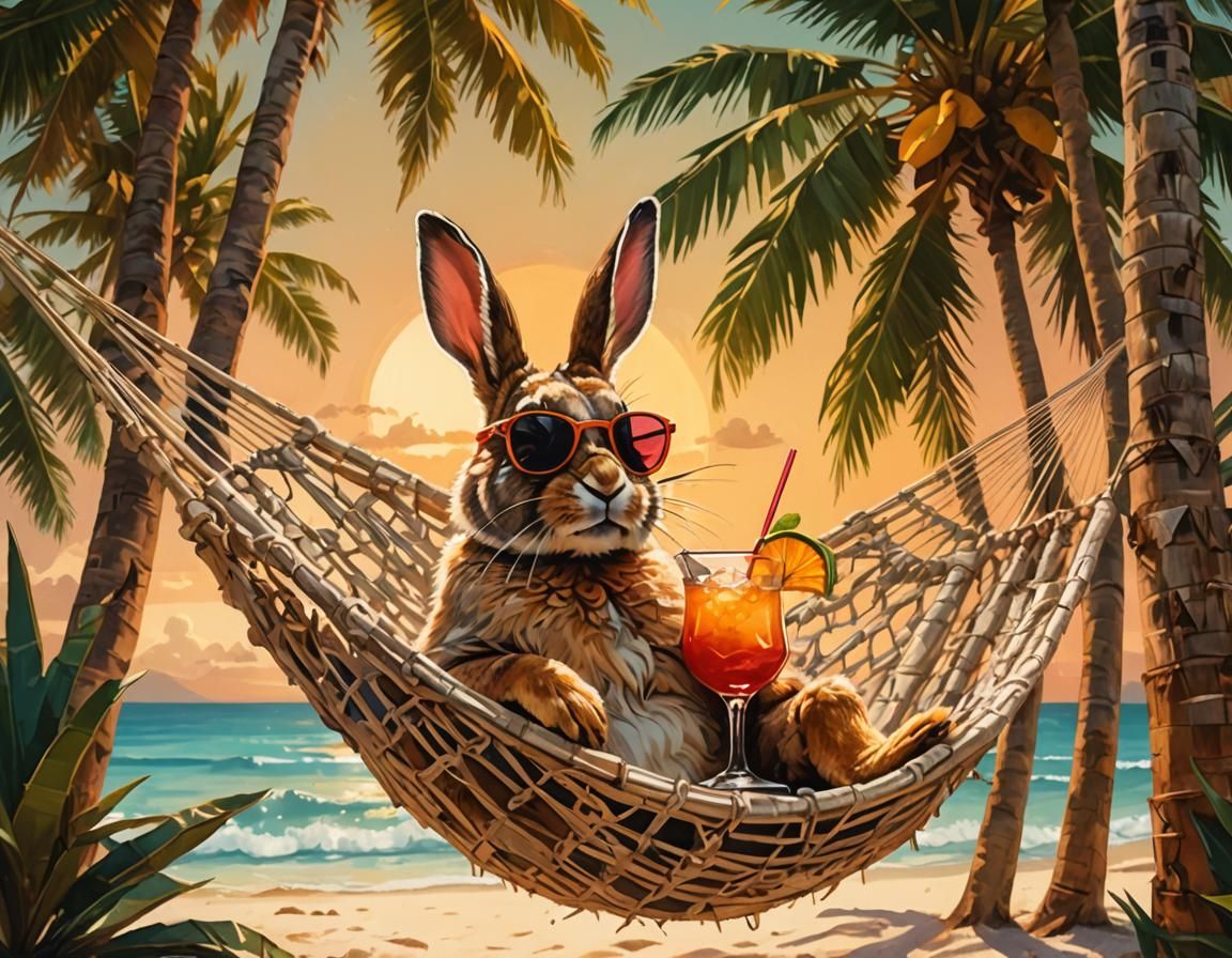 Rabbit Sipping Cocktail: Tropical Digital Painting