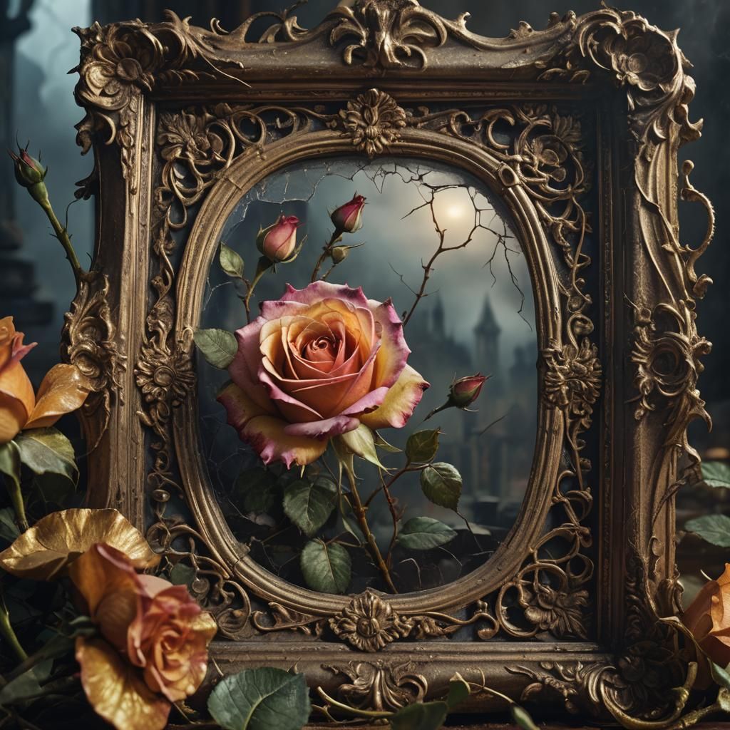 Wilted Rose in Ornate Frame, Eerie Fantasy Art