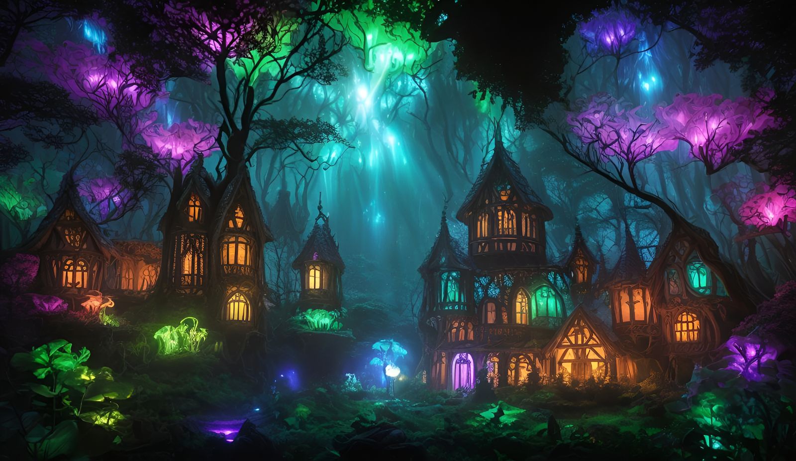 Bioluminescent Cottage in Mystical Dark Fantasy Forest