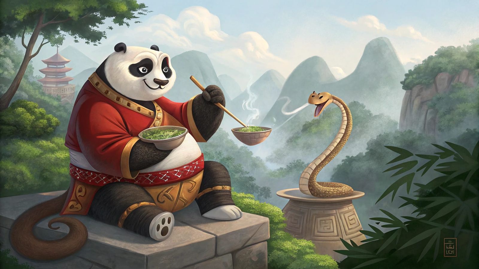 Kung Fu Panda Po Feeds Adorable Dog Noodles in Valley of Pea...