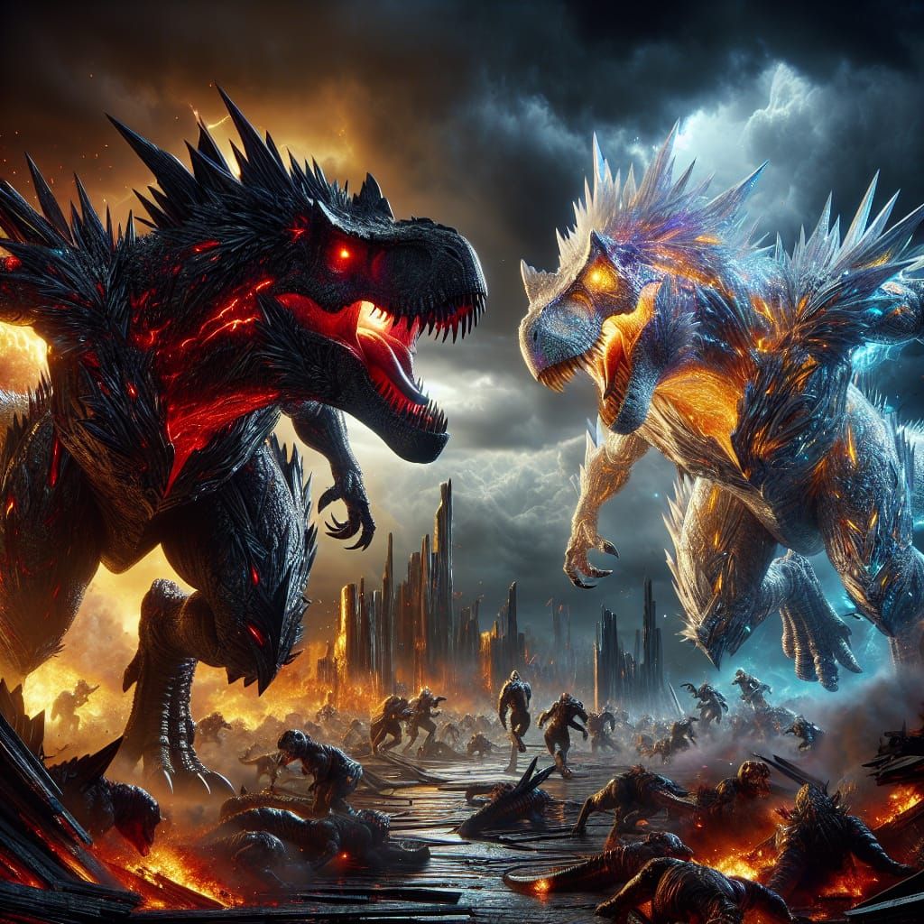 Epic T-Rex Battle: Dark vs Light in Fantasy
