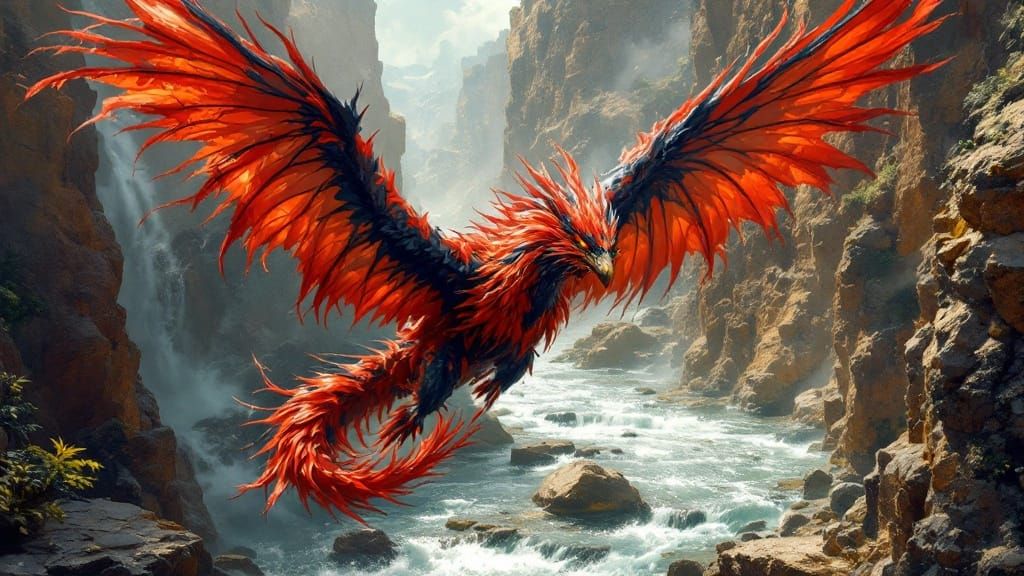 Majestic Phoenix Dragon Soars Through River Canyon