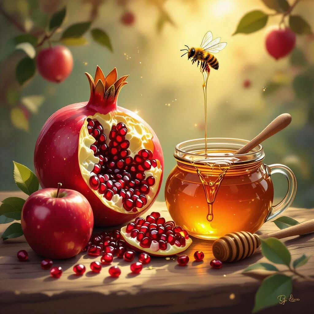 Rosh Hashanah Greeting with Pomegranate, Apple & Honey