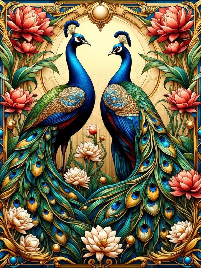 Art Nouveau Peacocks in Ornate Floral Tapestry