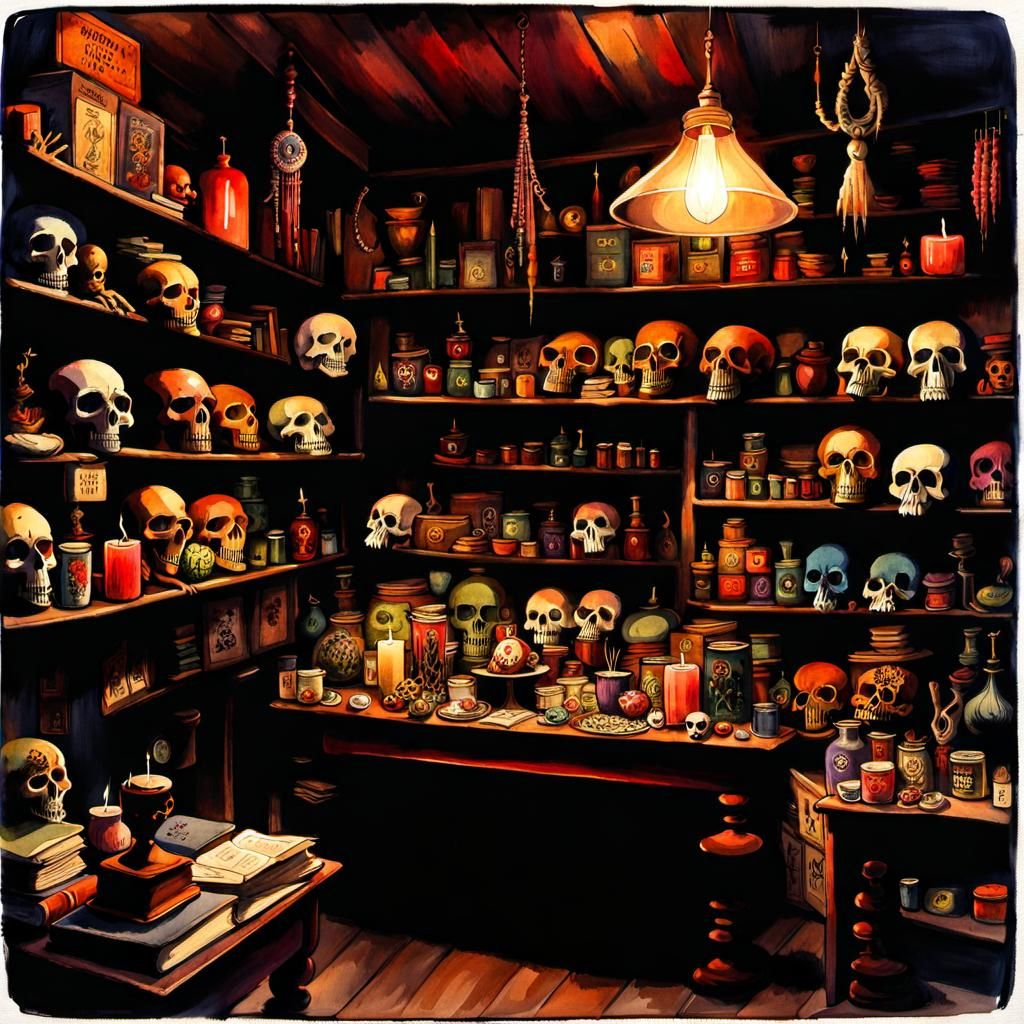 Creepy Vintage Voodoo Shop in Watercolor Style