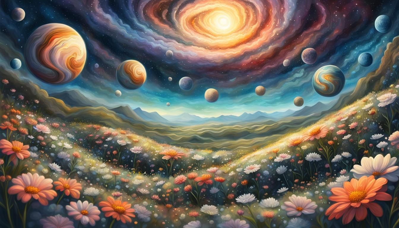 Planets on Flower Hill: Ornate Oil Painting
