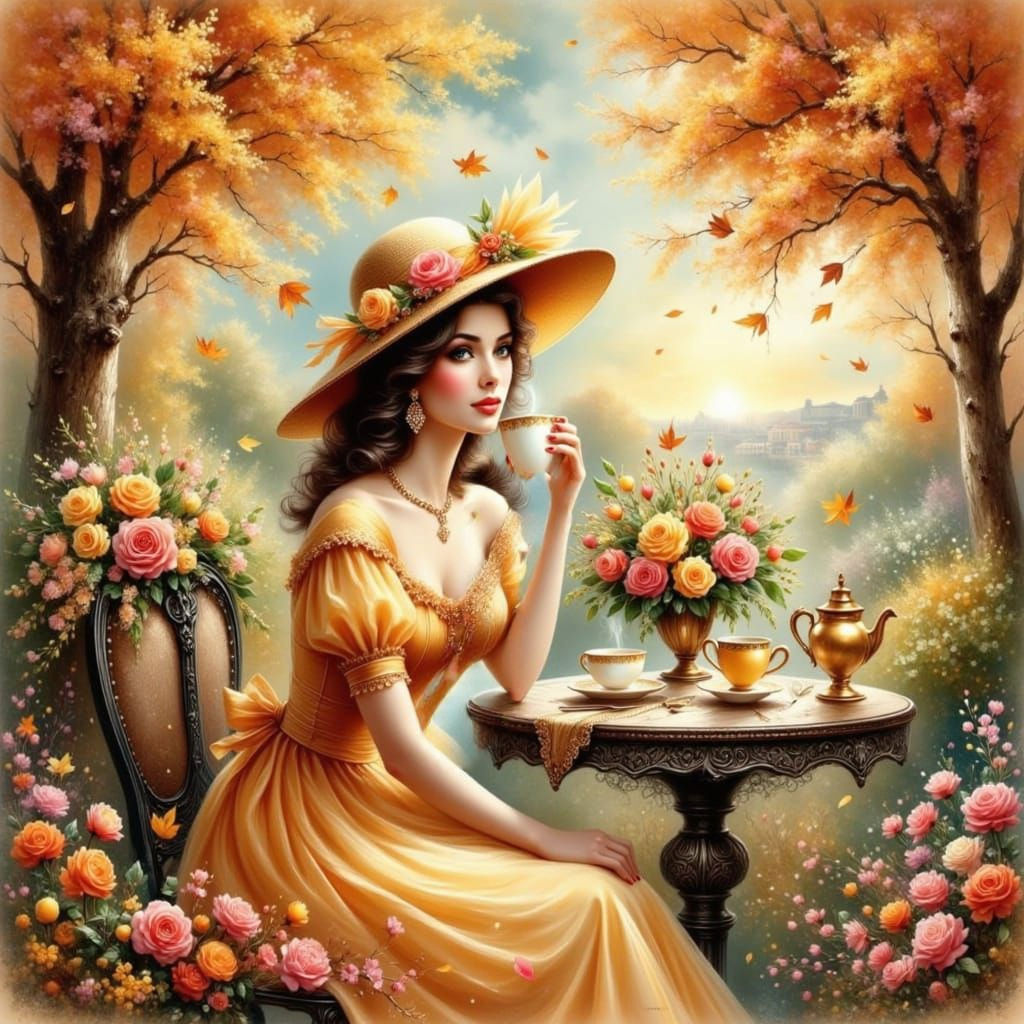 Retro Beauty Sipping Coffee in Autumn