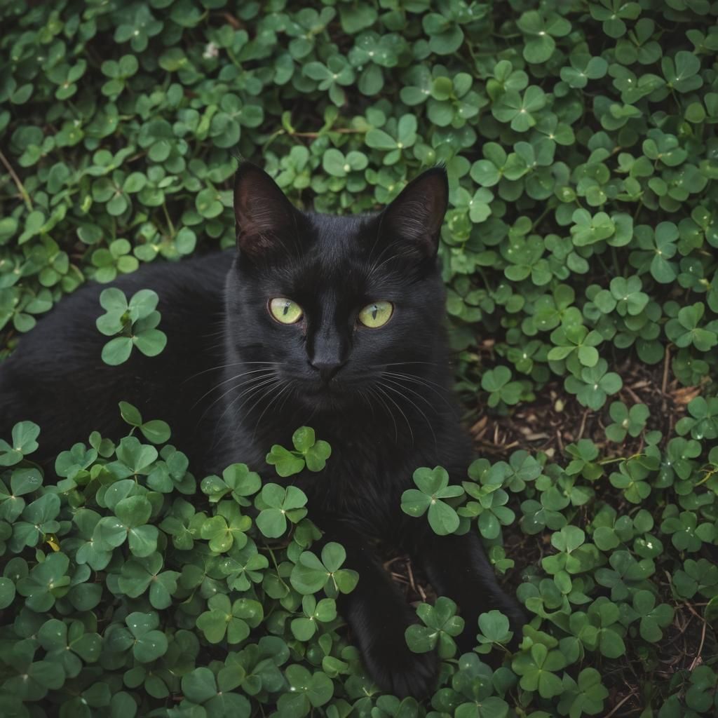 Black Cat in Field of Four-Leaf Clovers