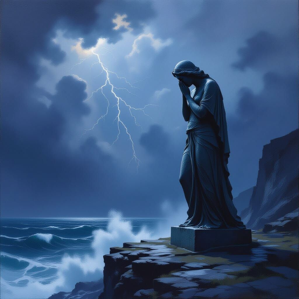 Grieving Woman Statue on Stormy Mountainoverlooking Sea