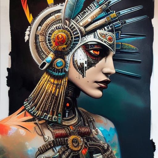 Futuristic Cybernetic Mayan Warrior in Atompunk Style