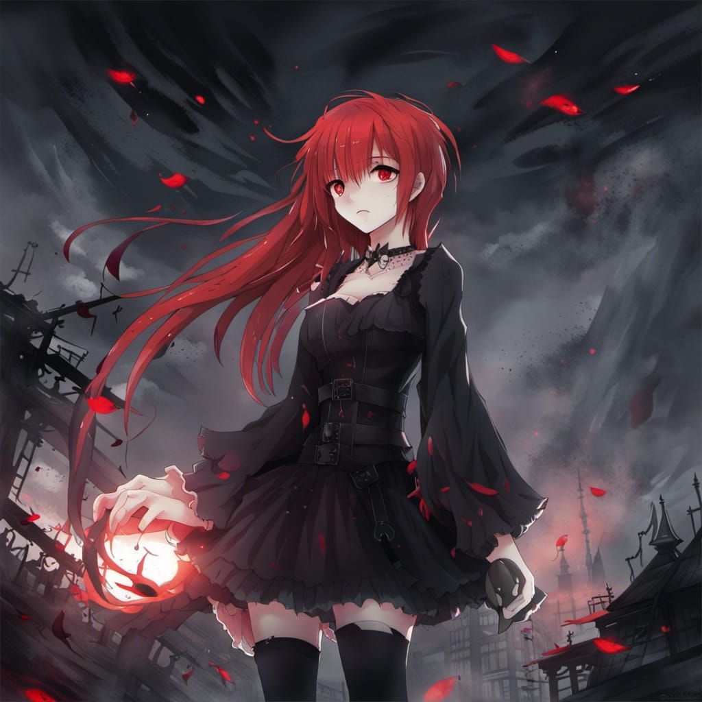 Gothic Redhead in Dark Anime Style Under Bloodmoon
