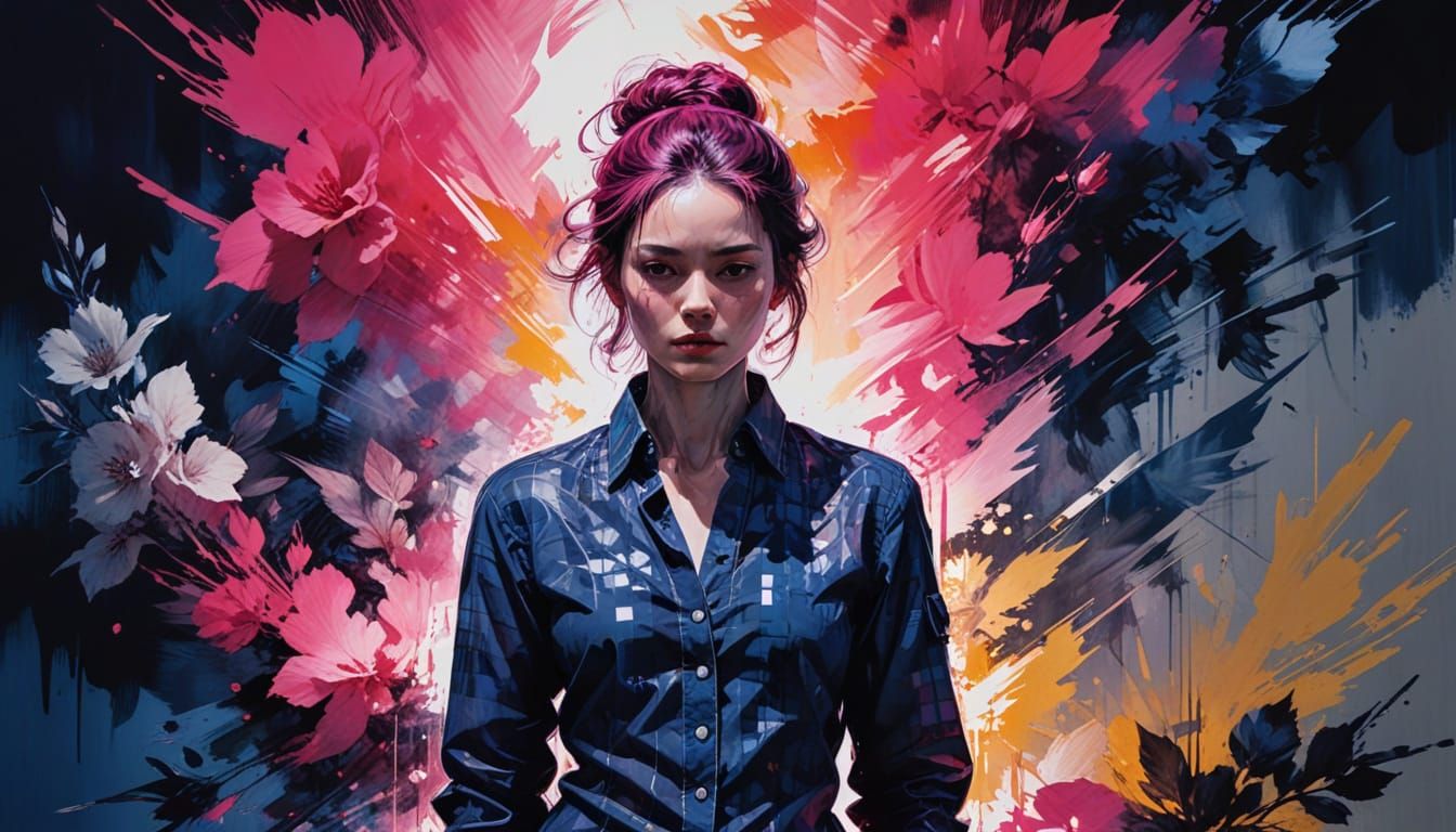 Digital Portrait in Fuchsia Gingham and Holographic Indigo