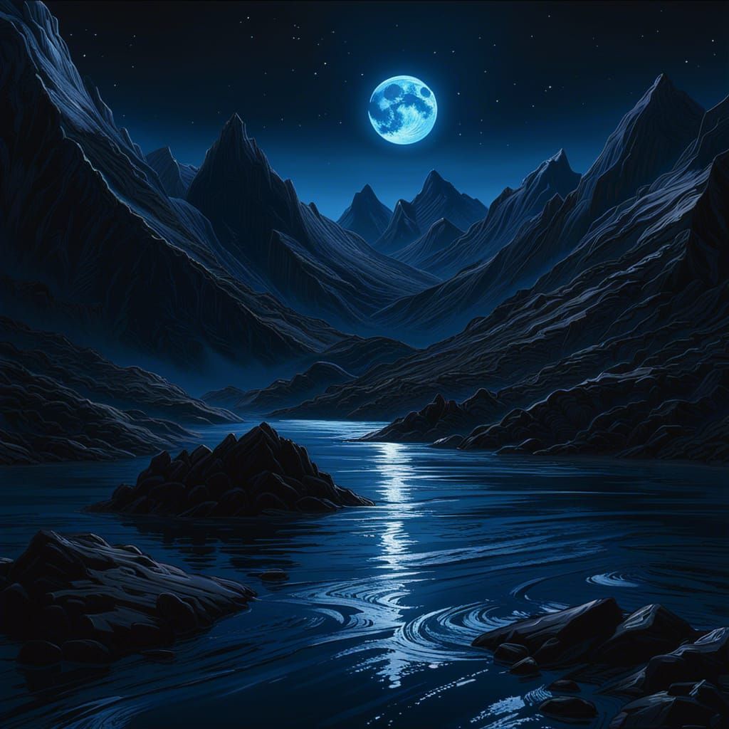 Moonlit Dark Fantasy Mountain Range in Oil Painting