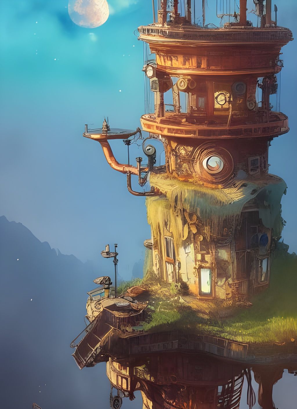 Steampunk Tower on Mountain Lake: Watercolour Art