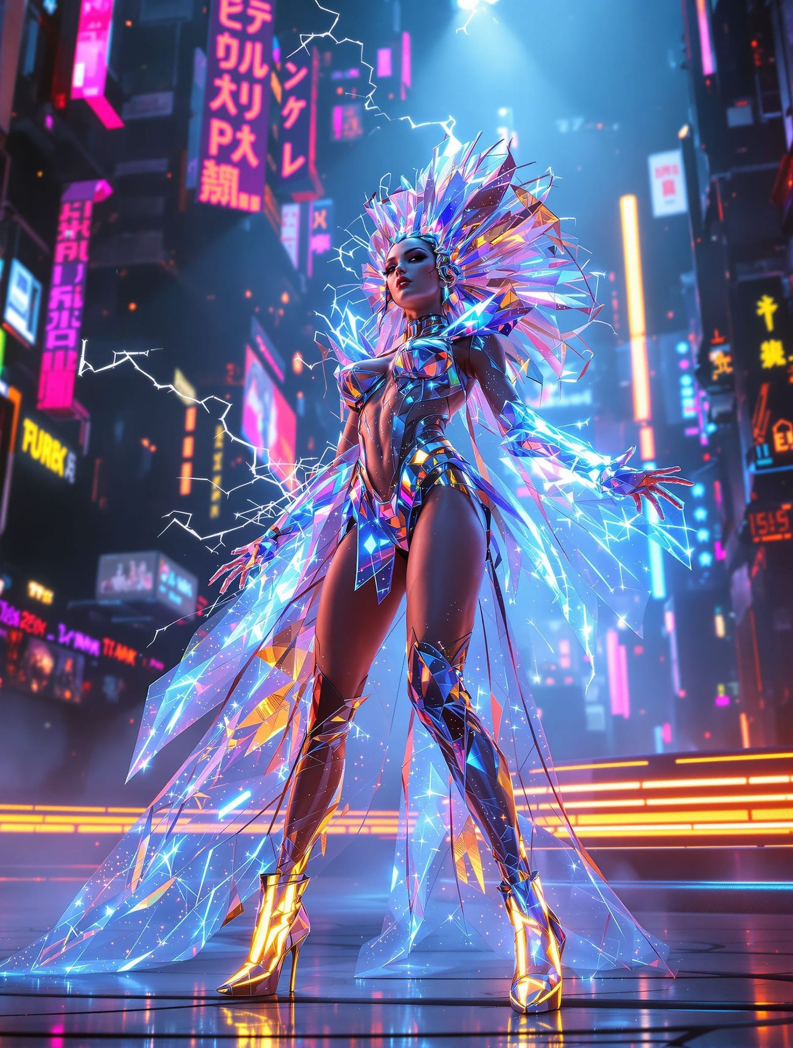 Futuristic Showgirl Performing on Neon Cyberpunk Stage