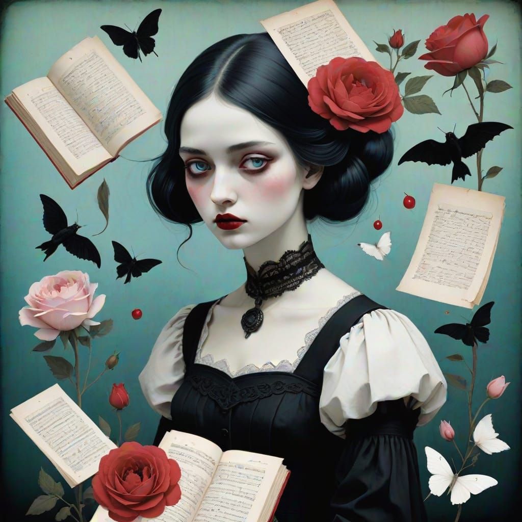 Surreal Gothic Girl in a Vintage Manuscript Illustration