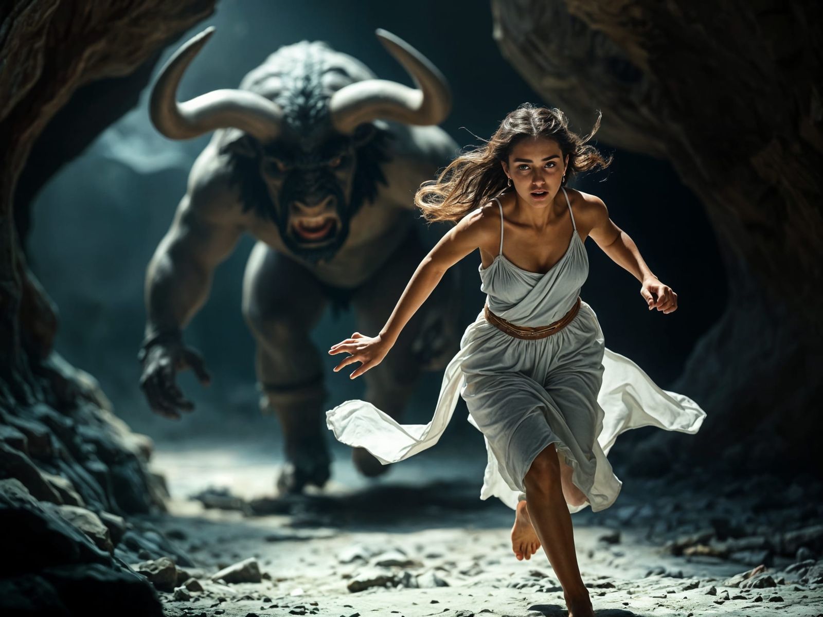Frightened Woman Escaping a Minotaur in a Cave
