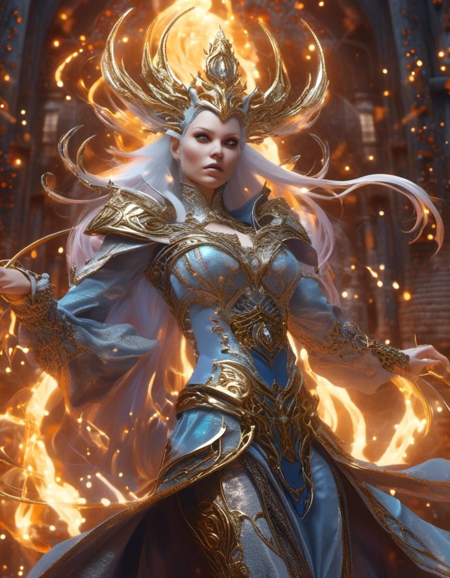 High Elf Sorceress Casting Lightning in Fantasy Style